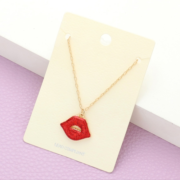 Glittered Red Kiss Lip Charm Pendant Necklace Chain Gold Jewelry - Picture 1 of 3